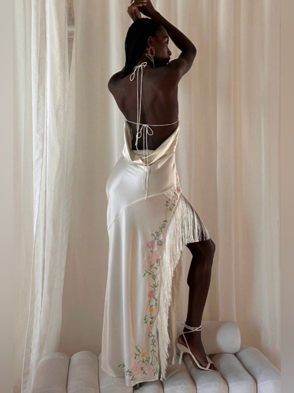 For Love & Lemons Tina Silk Embroidered Halter Maxi Dress Size XS NWT